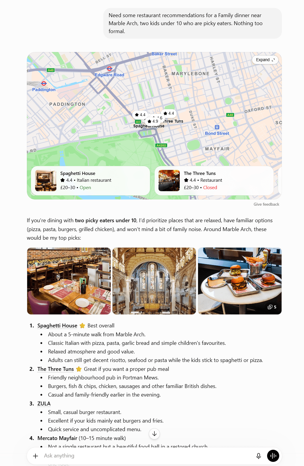 ChatGPT recommending Spaghetti House and chains