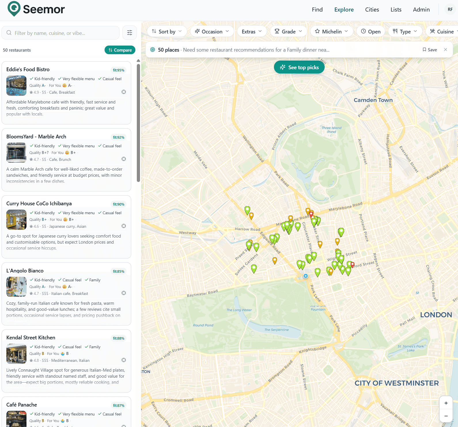 Seemor map with 50 color-coded pins around Marble Arch