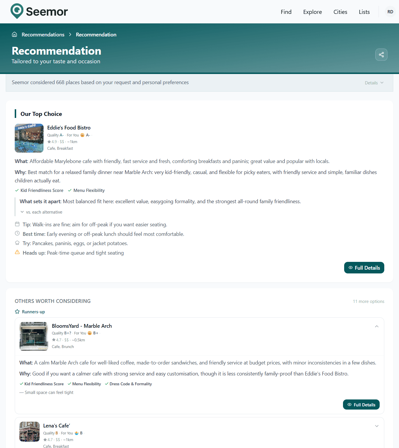 Seemor Pick for Me: top recommendation with reasoning and ranked alternatives