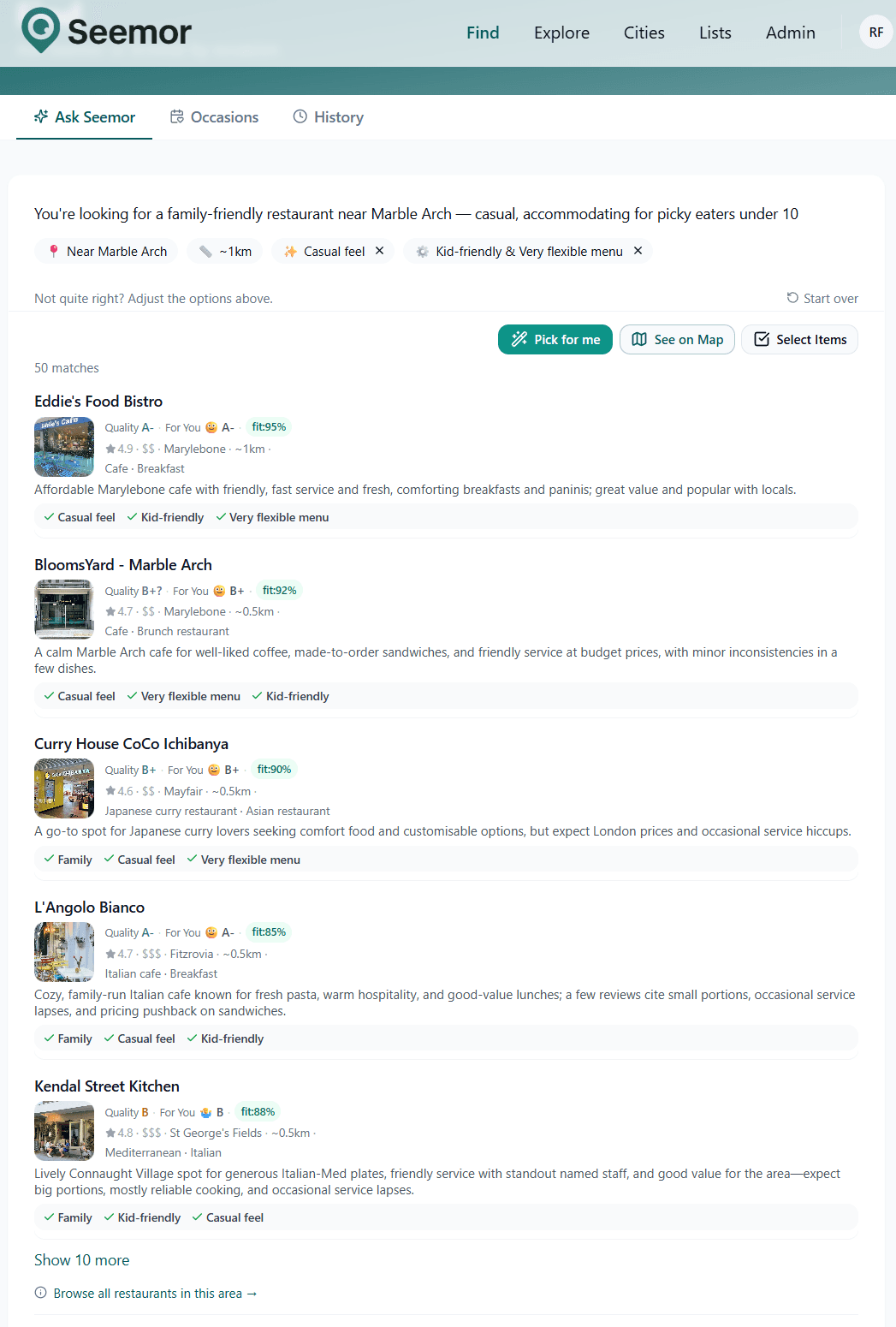 Seemor results: 50 restaurants ranked by fit with verified kid-friendly and flexible menu tags